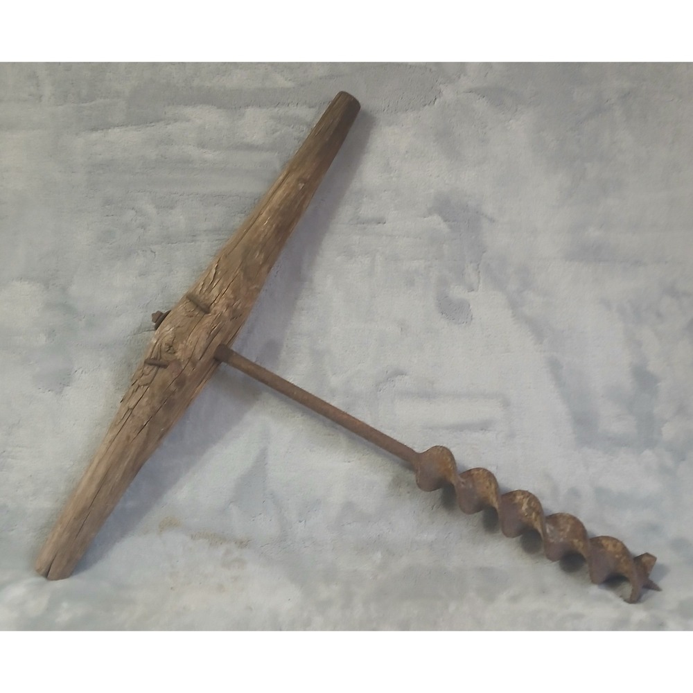 Antique T-Handle Auger Hand Drill Primitive Wood Iron Rustic Farmhouse Tool 20in